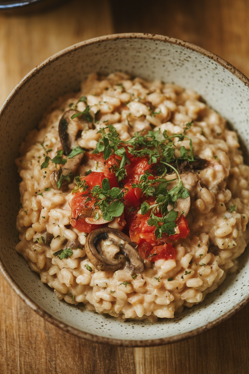 Indoor photo of creamy pearl barley risotto flecked with mushrooms and diced tomatoes in a shallow bowl; warm side lighting, no text or logos