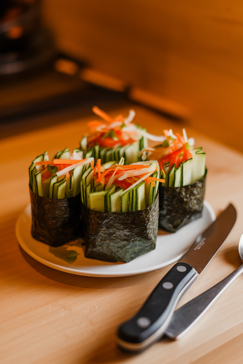 Indoor sushi-style rolls made with thin cucumber strips wrapped in nori, julienned veggies peeking out. Warm indoor light, no logos.