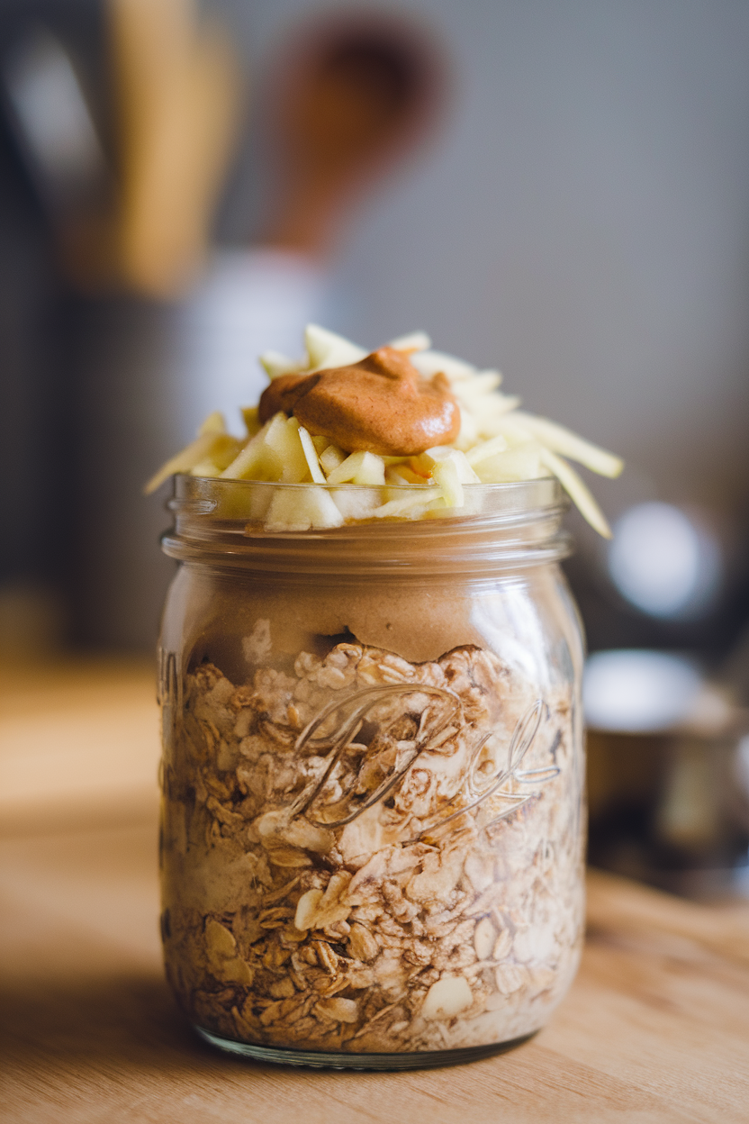 Indoor jar photo of soaked muesli topped with grated apple and a dollop of almond butter, no text or logos.