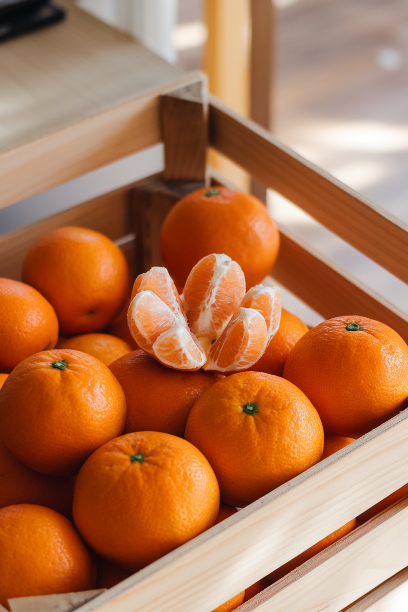 A sun-kissed indoor counter holding several whole navel oranges alongside one that’s been peeled into segments, no text or logos in view.
