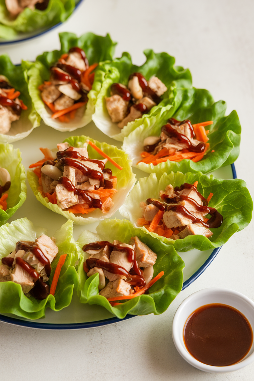 An indoor appetizer plate with crisp lettuce cups filled with diced chicken, water chestnuts, shredded carrots, and hoisin drizzle. No text or logos present.
