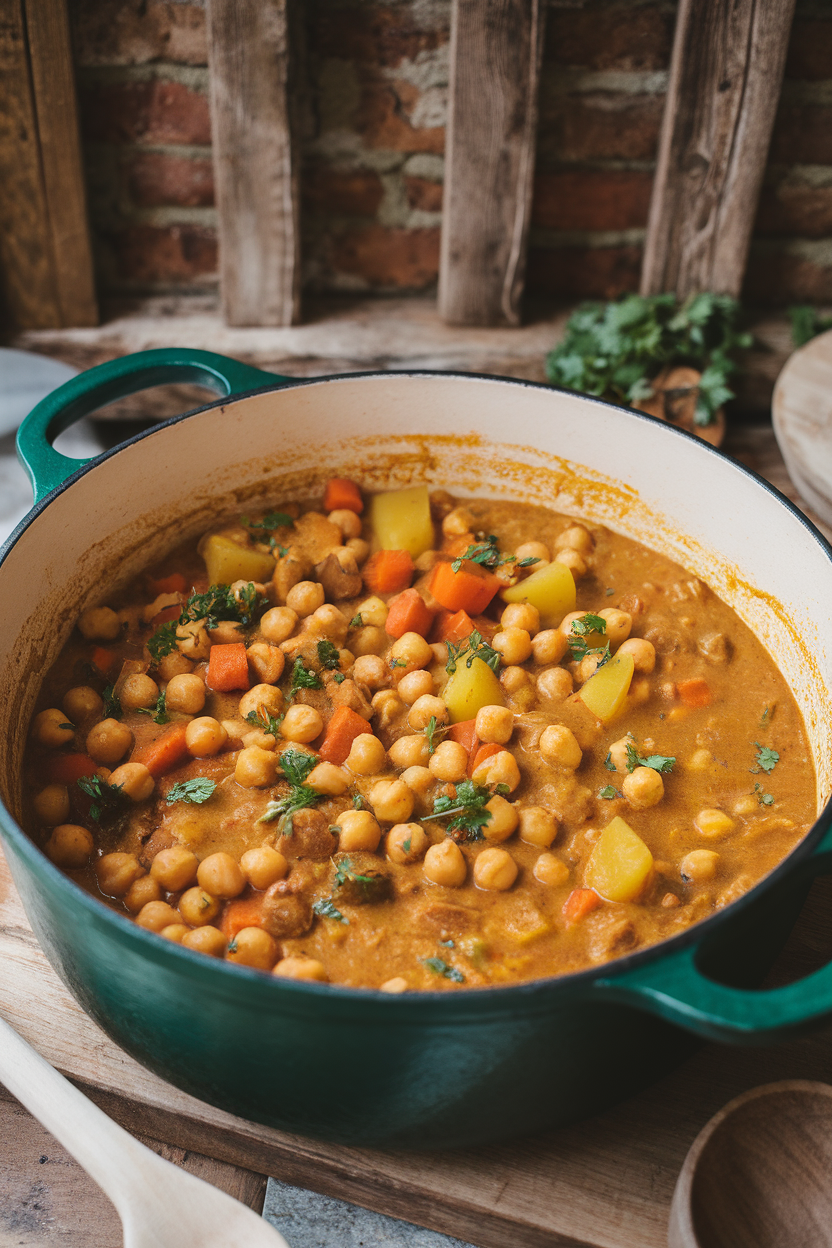 Indoor Dutch oven full of golden chickpea coconut curry, ladle resting at the side. No text or logos present.