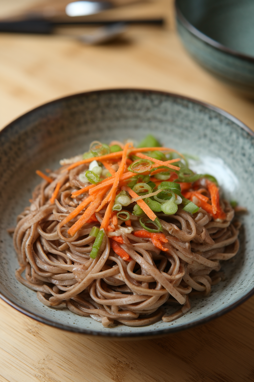 A shallow bowl indoors of buckwheat soba noodles mixed with shredded carrots and scallions, sheen of sesame dressing visible. Photo, no text or logos.