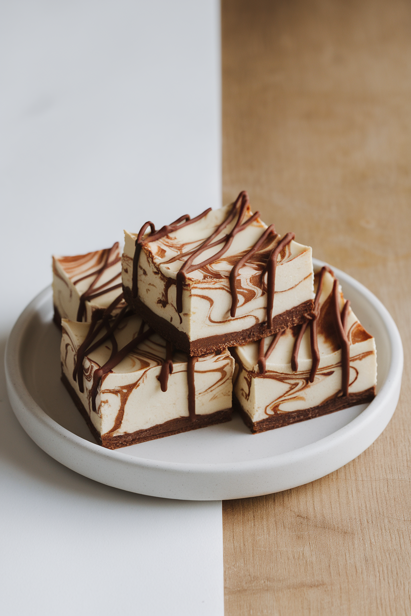 Indoor image of marbled cheesecake bars topped with chocolate drizzle, served on a simple white plate; no text or logos.