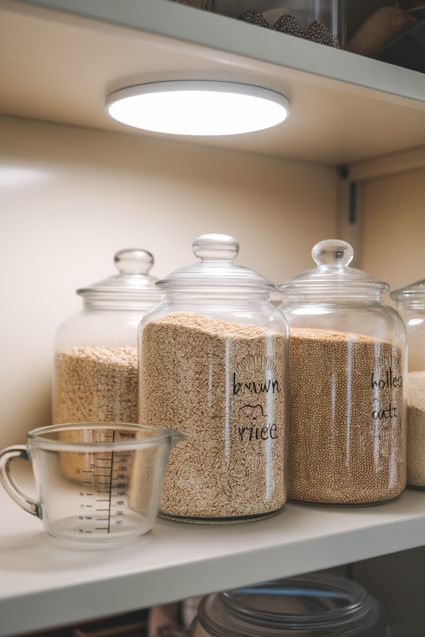 Indoor pantry shelf with clear glass jars of brown rice, rolled oats, and quinoa alongside a small measuring cup. Soft overhead light, no text or logos on jars, photo not illustration.