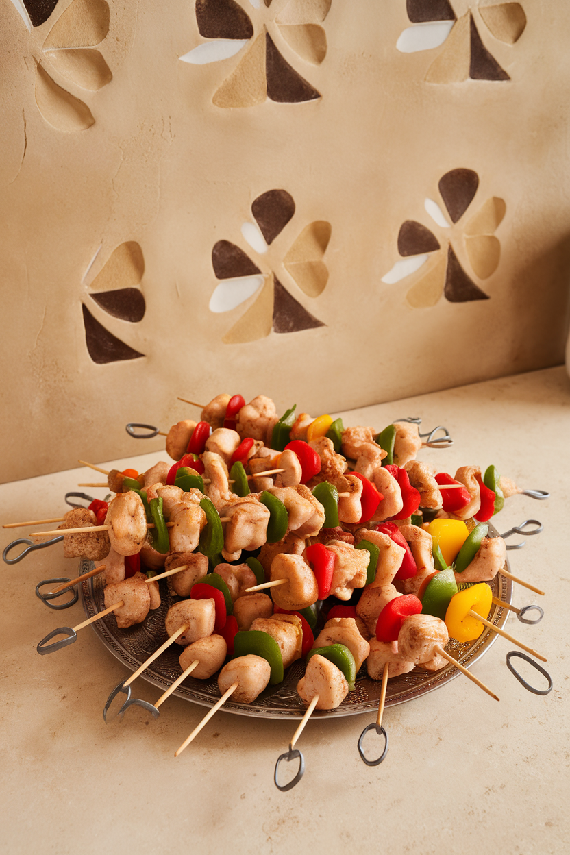 An indoor countertop with a platter of cooked mini chicken skewers threaded with red, yellow, and green bell peppers. No text or logos visible.