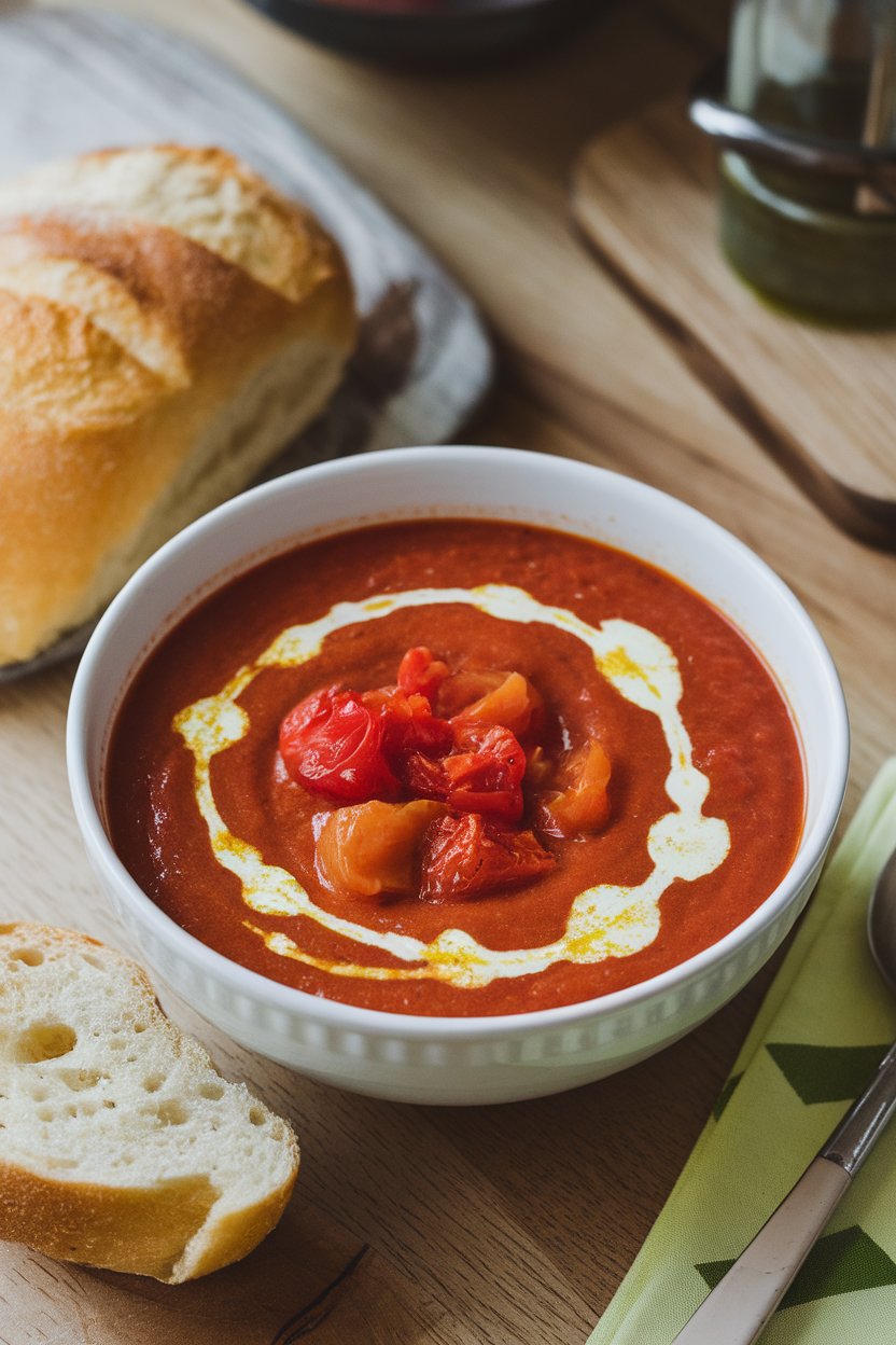 An indoor soup bowl filled with creamy roasted tomato soup, a swirl of olive oil on top. Photo, no text or logos.