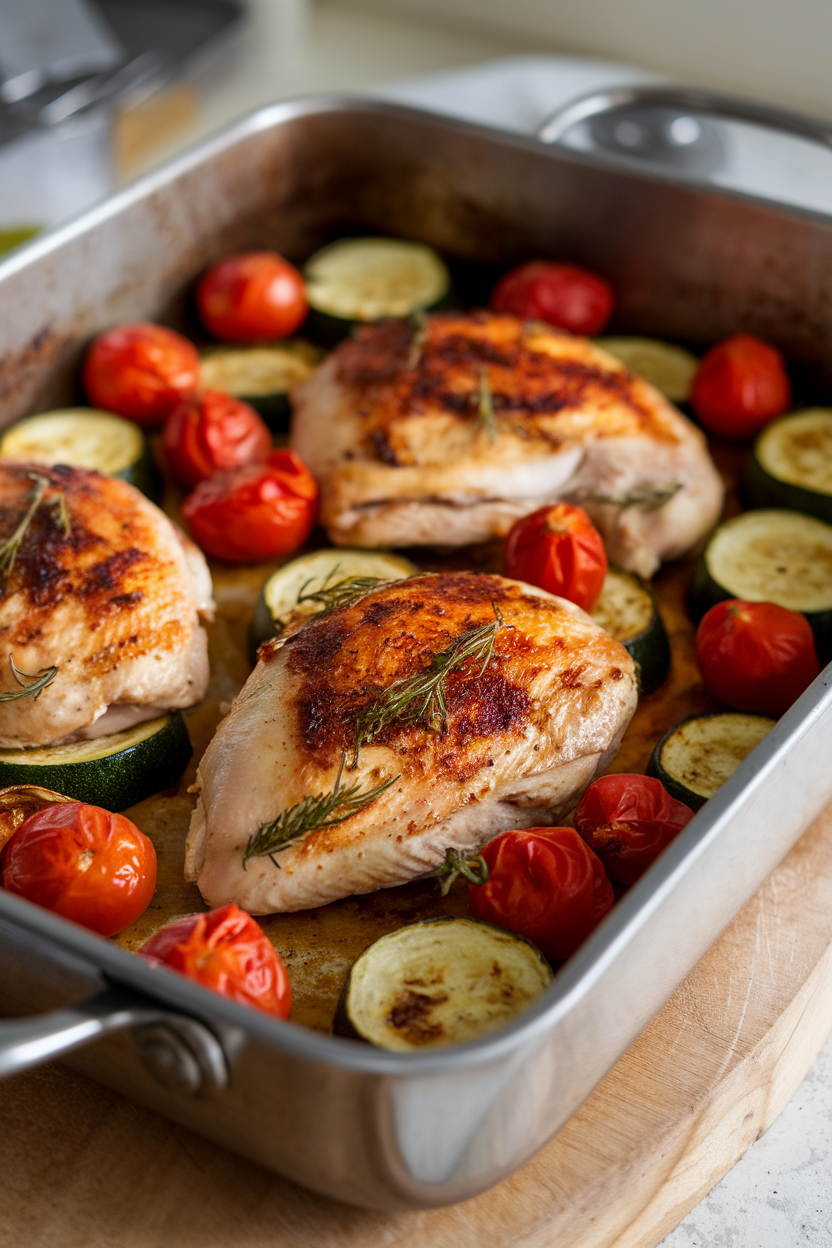 An indoor roasting pan of chicken breasts surrounded by zucchini, cherry tomatoes, and red onion, all sprinkled with Italian herbs. No text or logos. Photo only.