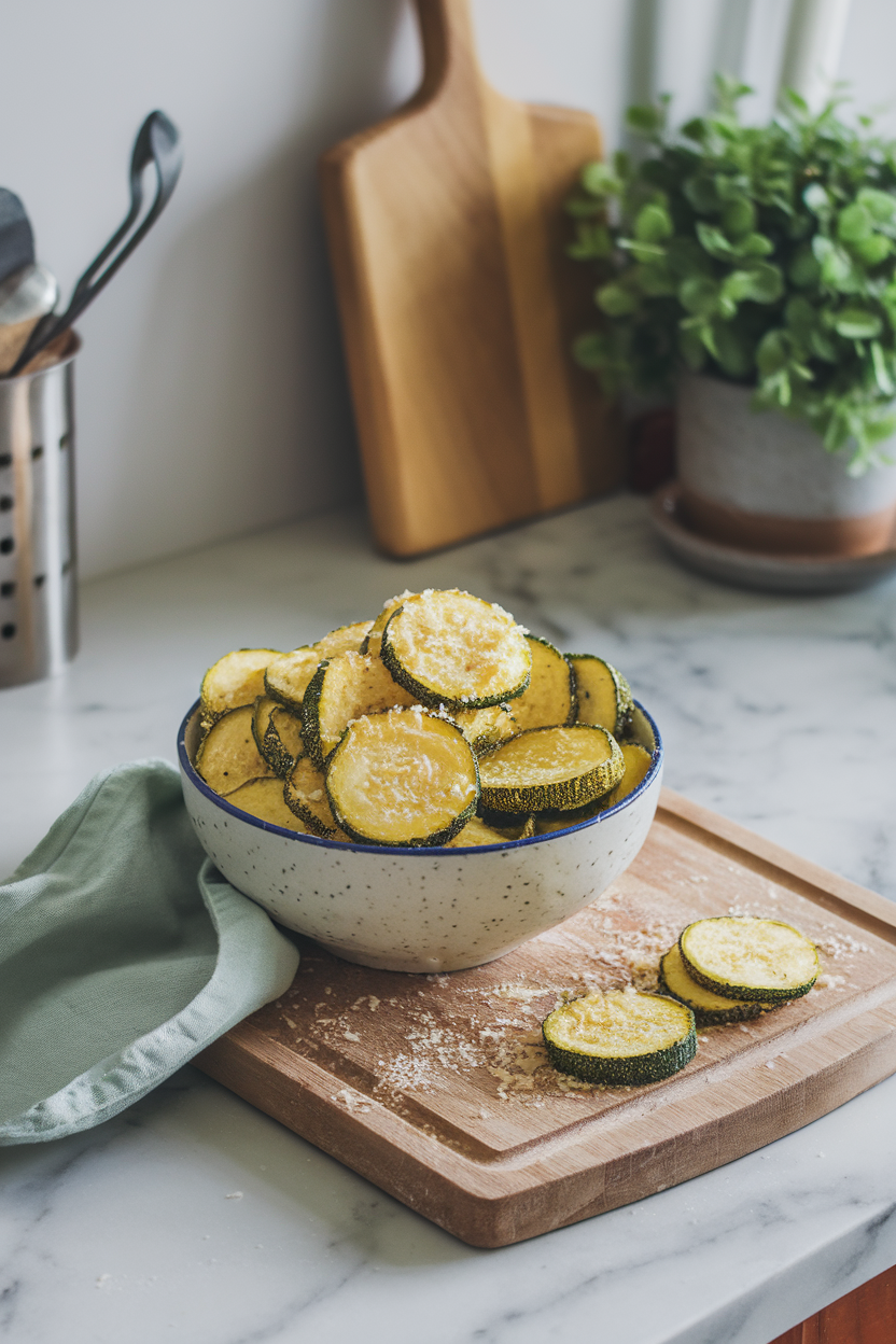 An indoor countertop holding a bowl of golden zucchini rounds lightly coated in Parmesan cheese. Photo, no text or logos.