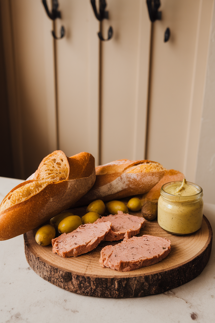 Indoor bistro-style photo of a board with country pâté slices, cornichons, whole-grain mustard, and baguette rounds; no logos