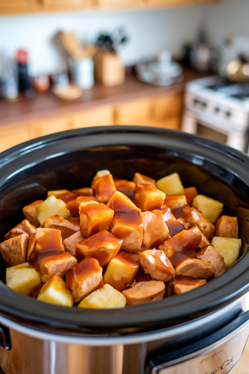 Indoor photo of cubed chicken and pineapple chunks coated in glossy teriyaki sauce inside a slow cooker, no text or logos.