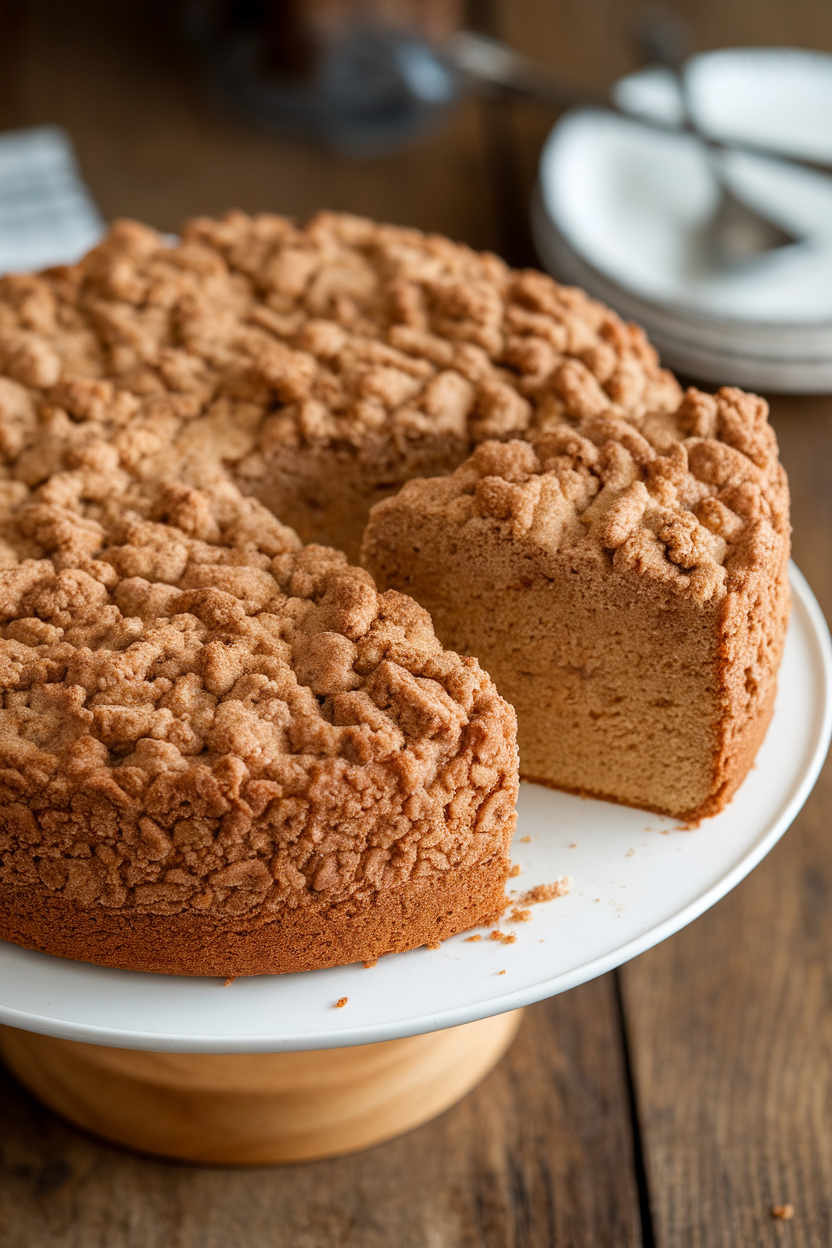 Indoor cake stand holding a round coffee cake with thick cinnamon streusel topping, one slice slightly pulled out. No brand names or text.