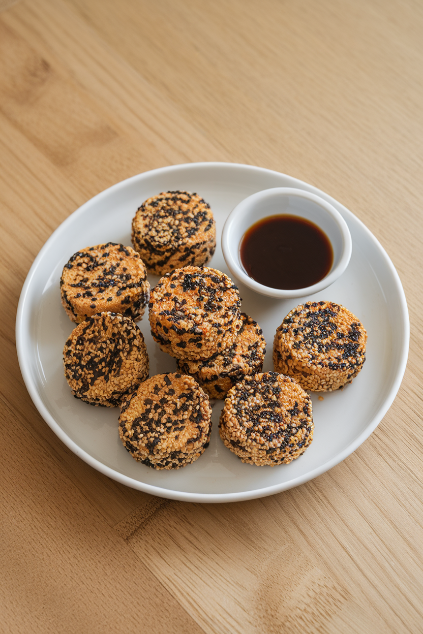 A white indoor plate of round tofu medallions coated in black and white sesame seeds, seared until golden, dipping sauce nearby. No text or logos visible.
