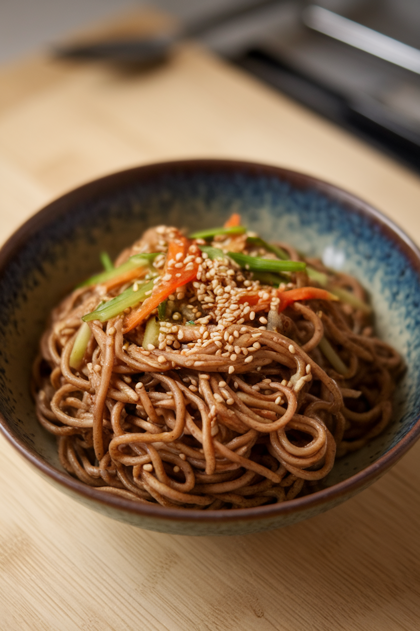 Indoor bowl of cooked buckwheat noodles tossed with sesame seeds and julienned vegetables, close-up. No text or logos.