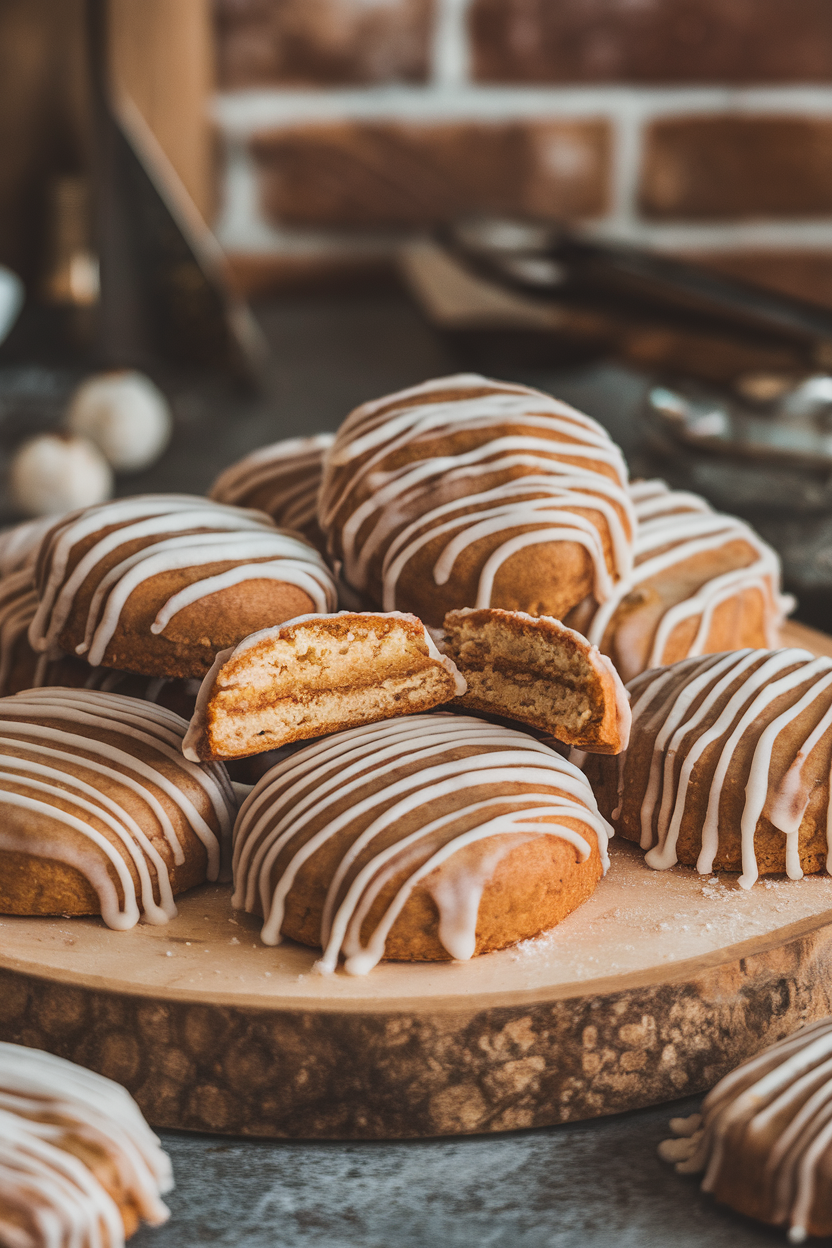Photo of round lebkuchen cookies glazed with thin sugar icing, a few broken open to show soft interior, indoors; no text or logos.