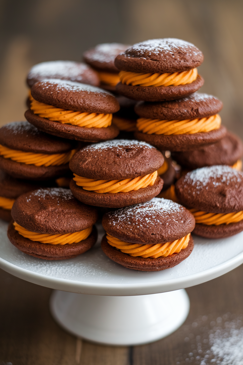 An indoor cake stand stacked with small chocolate whoopie pies filled with orange pumpkin cream filling, slight sprinkle of powdered sugar on top. Photo, no text or logos.