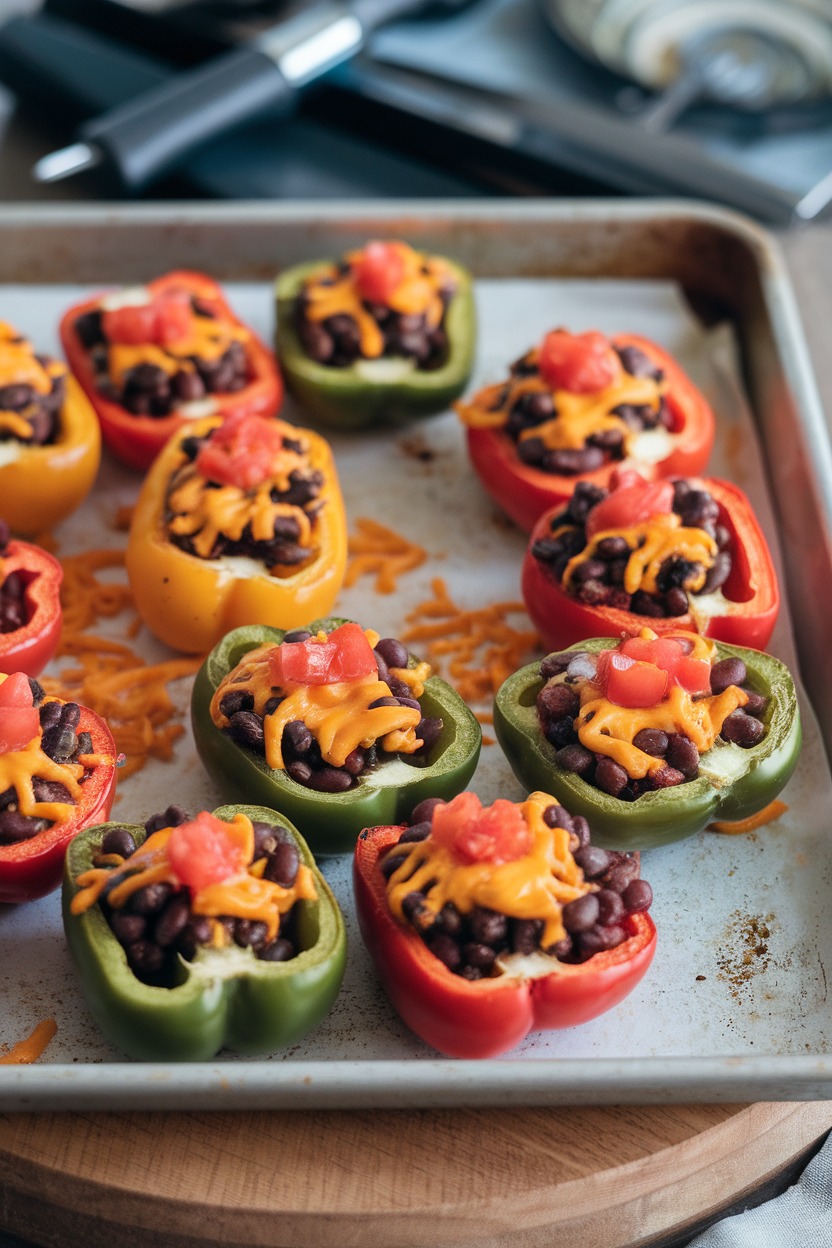 An indoor baking sheet holding roasted mini bell pepper halves topped with black beans, melted cheddar, and diced tomatoes—photo, no text or logos.