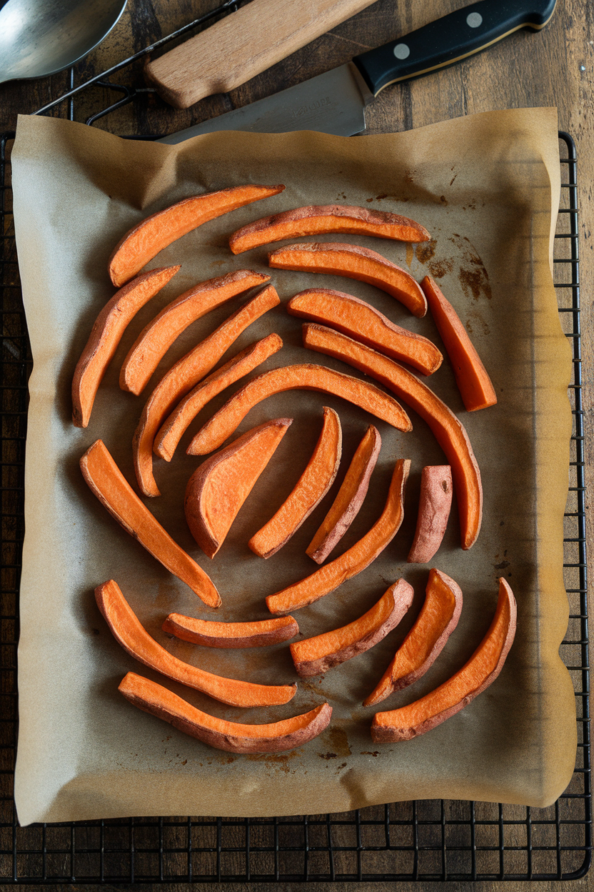 An indoor oven rack featuring a parchment-lined sheet of crispy baked sweet potato fries, no text or logos.