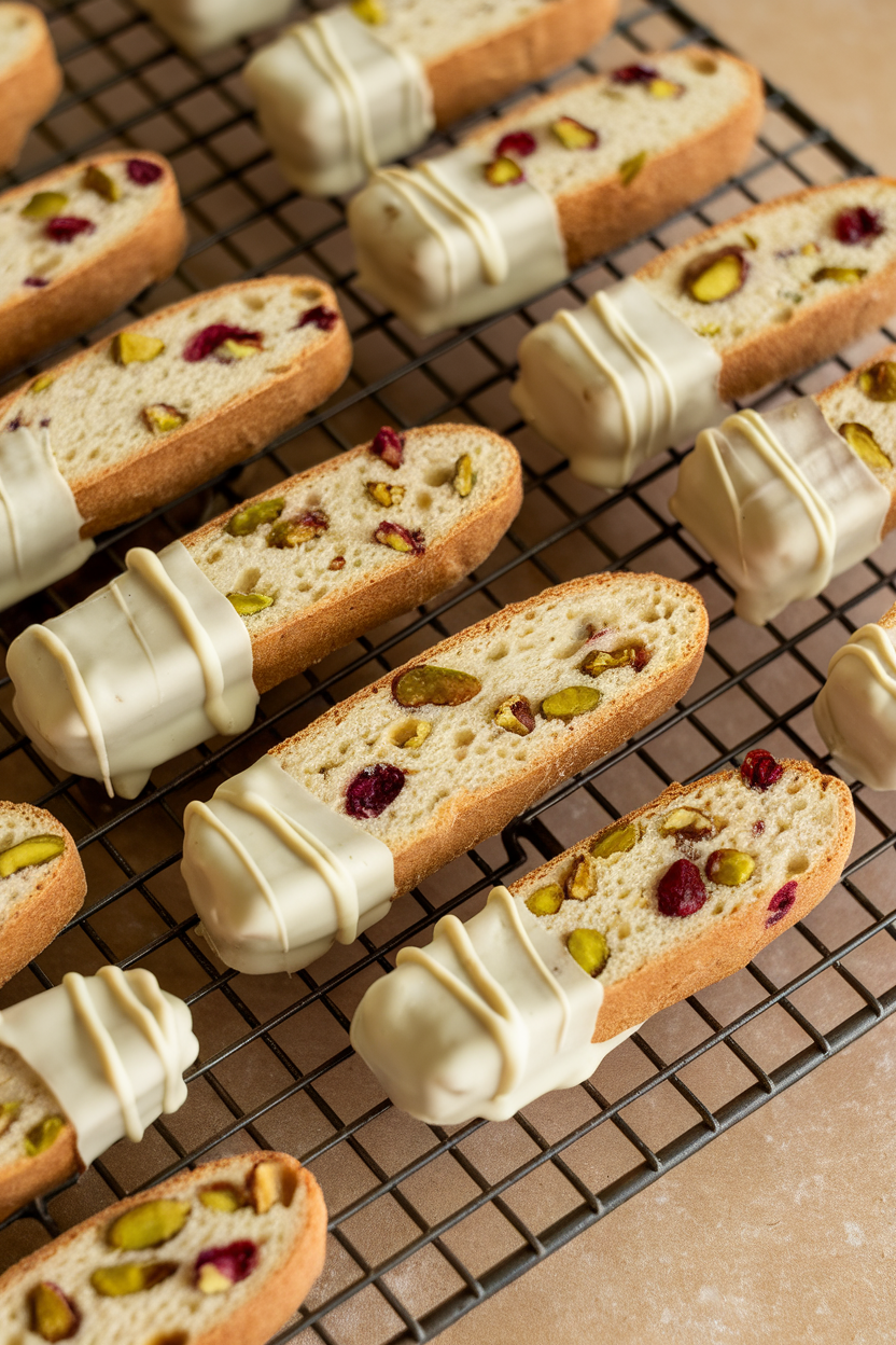 Biscotti sticks on a cooling rack indoors, green pistachios and red cranberries visible, ends dipped in white chocolate. No text or logos.