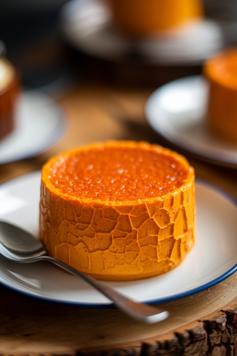 Photo of pumpkin crème brûlée with crackled sugar top and spoon beside, indoors, no text or logos.