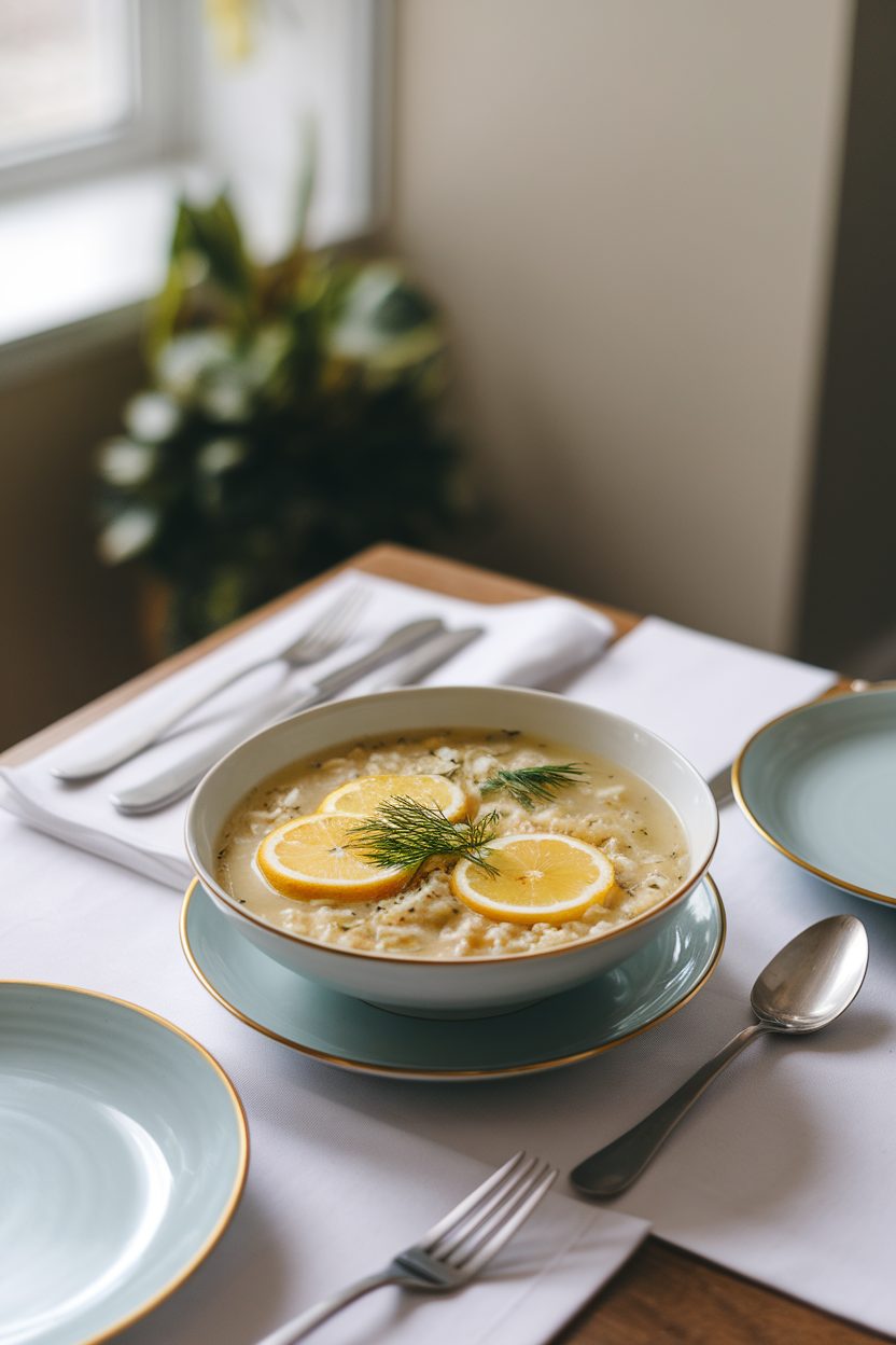 Indoor dining table featuring a bowl of light chicken soup with rice, brightened by lemon slices and a sprinkle of dill. No text or logos visible.