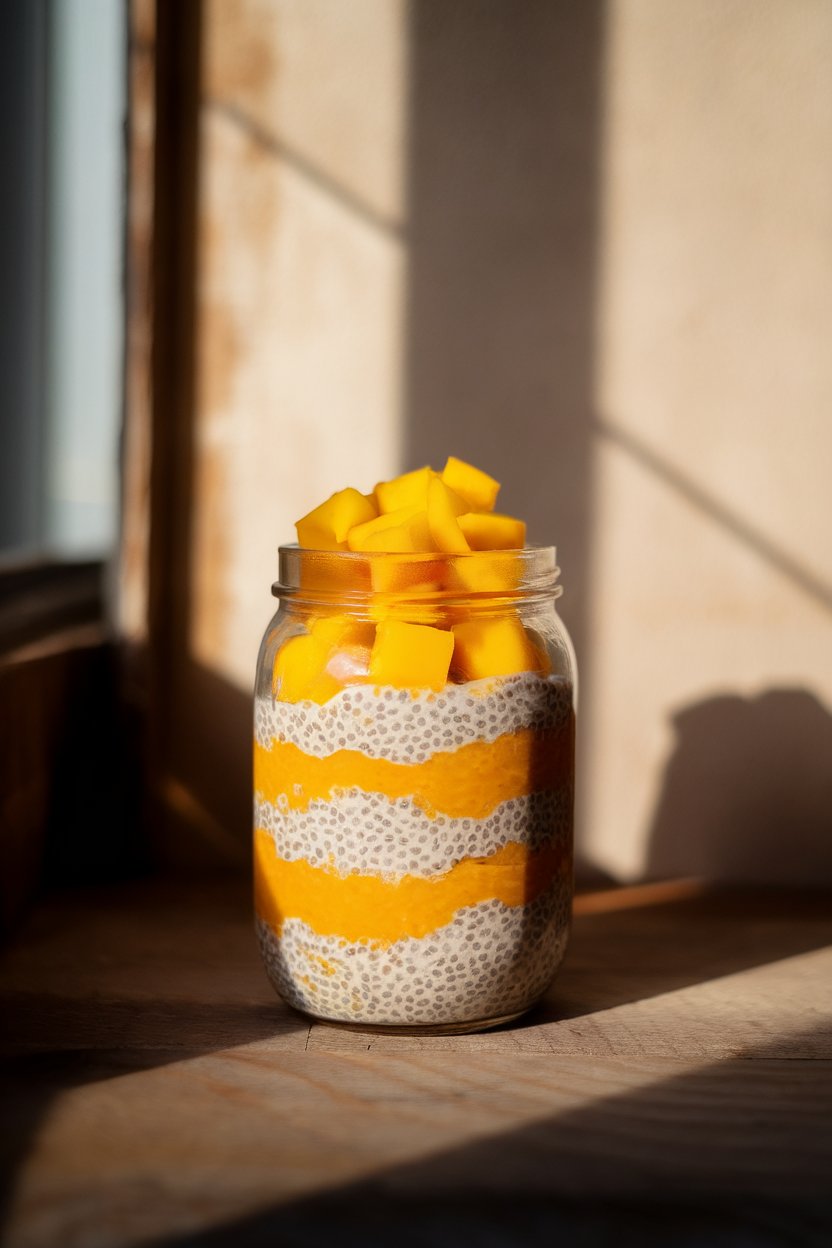 Indoor jar of layered chia pudding topped with diced ripe mango; gentle afternoon light, no text or logos.