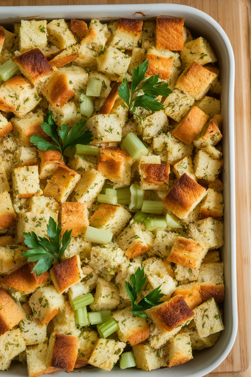 Photo of a casserole dish filled with golden cubes of bread stuffing dotted with celery and herbs, no text or logos.