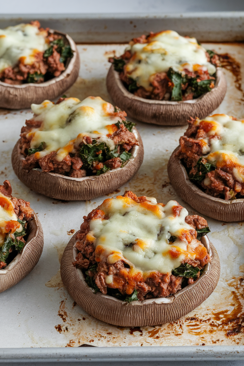 Baking sheet indoors holding large portobello caps filled with beef and kale mixture, cheese lightly melted. No text or logos; photo.