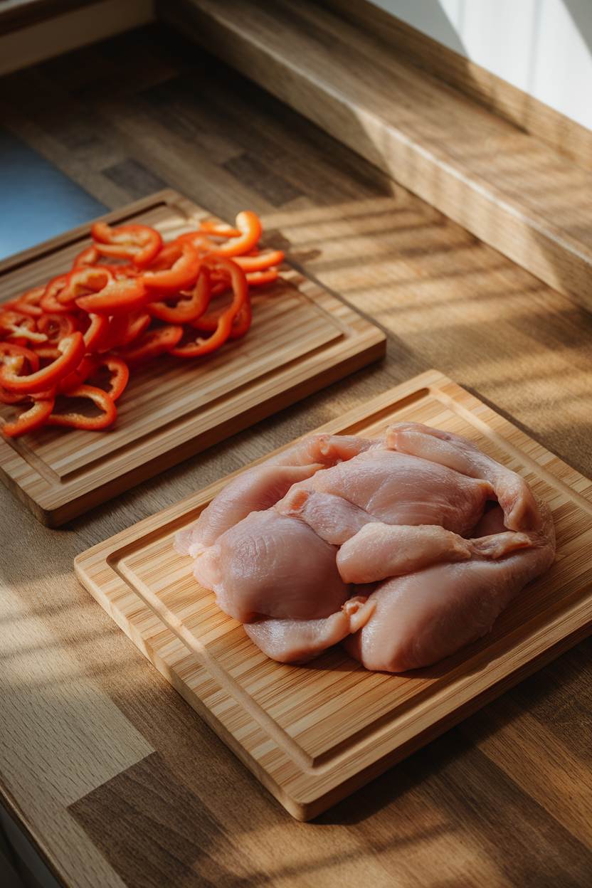 Indoor countertop scene showing two bamboo boards—one with sliced bell peppers, another with raw chicken set aside—angled lighting, no logos.