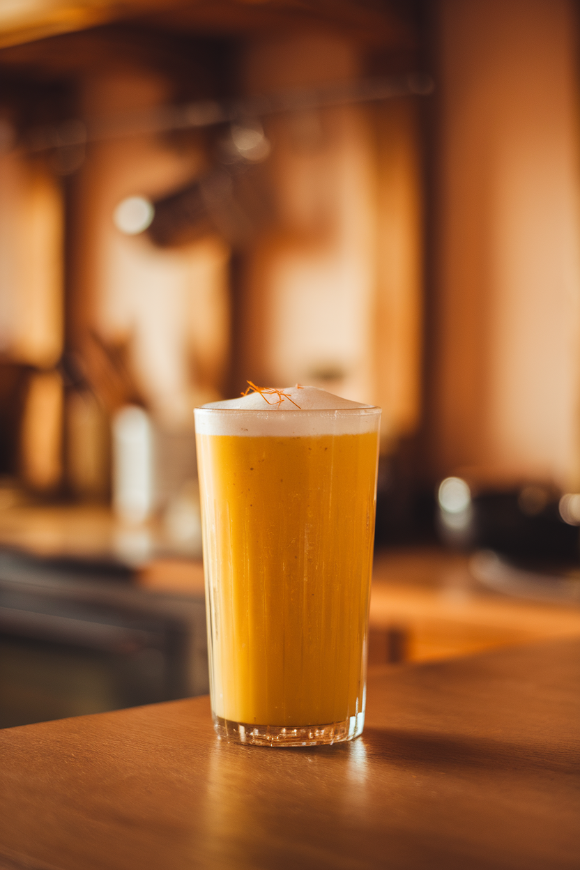 Indoor photo of tall glass containing golden mango lassi mocktail, faint saffron strands on foam, fine bubbles; warm kitchen lighting; no text or logos.