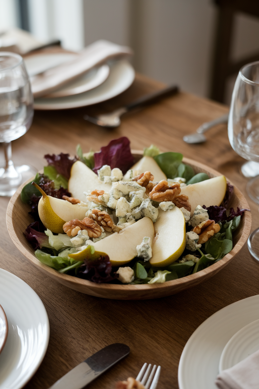 Photo of an indoor dining table with a shallow wooden bowl holding mixed greens, sliced ripe pears, crumbled blue cheese, and toasted walnuts, lightly dressed. No branding or text.