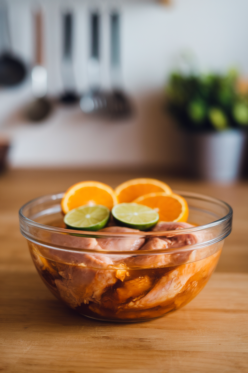 Indoor photo of chicken breast pieces soaking in a glass bowl with visible orange and lime slices on a countertop, no text or logos