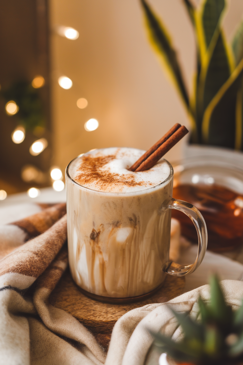 Indoor mug of frothy herbal tea latte with cinnamon stick garnish, cozy table setting; no text or logos, photo style.