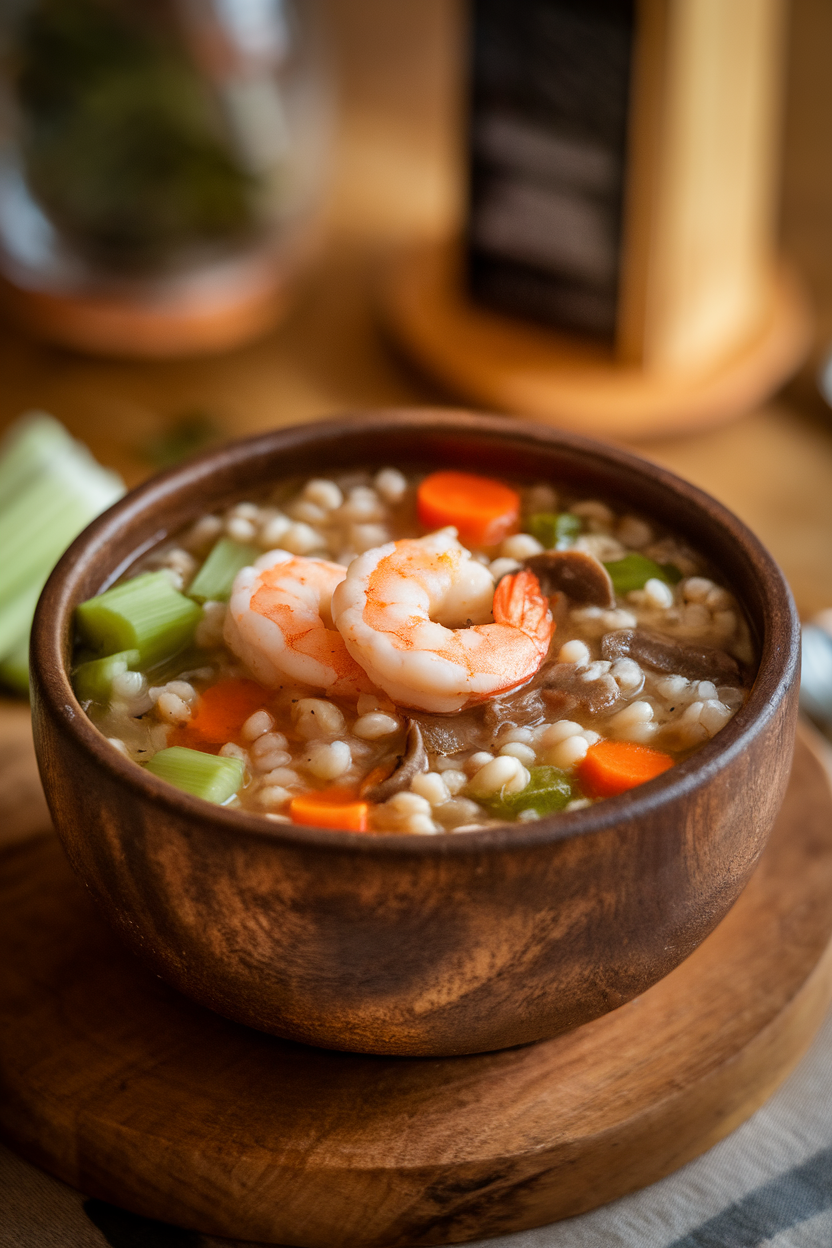 Indoor soup bowl photo of hearty vegetable and barley soup with cooked shrimp floating on top; warm kitchen light, no text or logos.