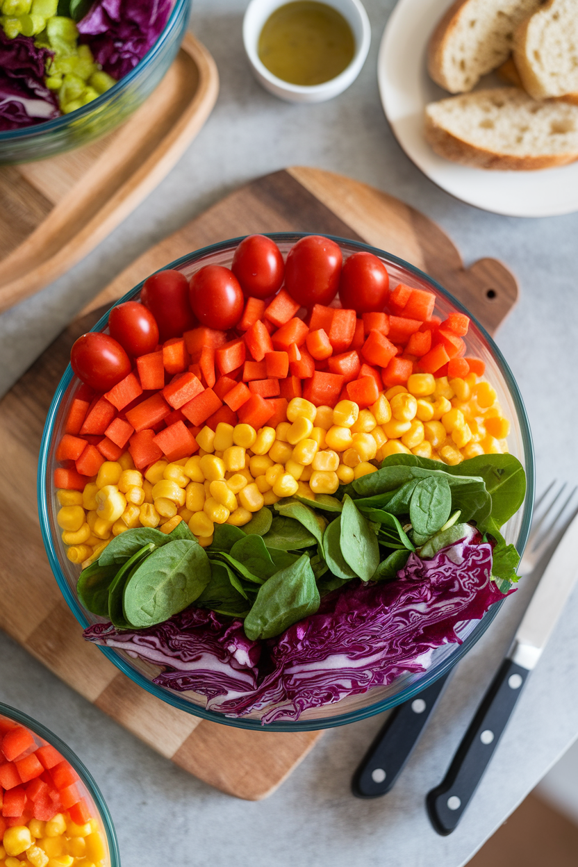 Indoor photo of a rainbow salad bowl with red tomatoes, orange carrots, yellow corn, green spinach, and purple cabbage neatly arranged, overhead view, no text or logos