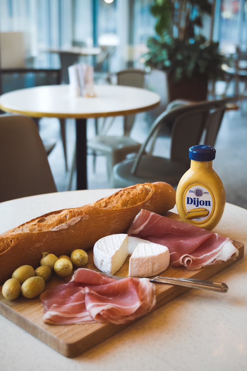 Indoor café-style table with a baguette board featuring camembert, jambon de Paris, cornichons, and Dijon mustard; no text or logos.