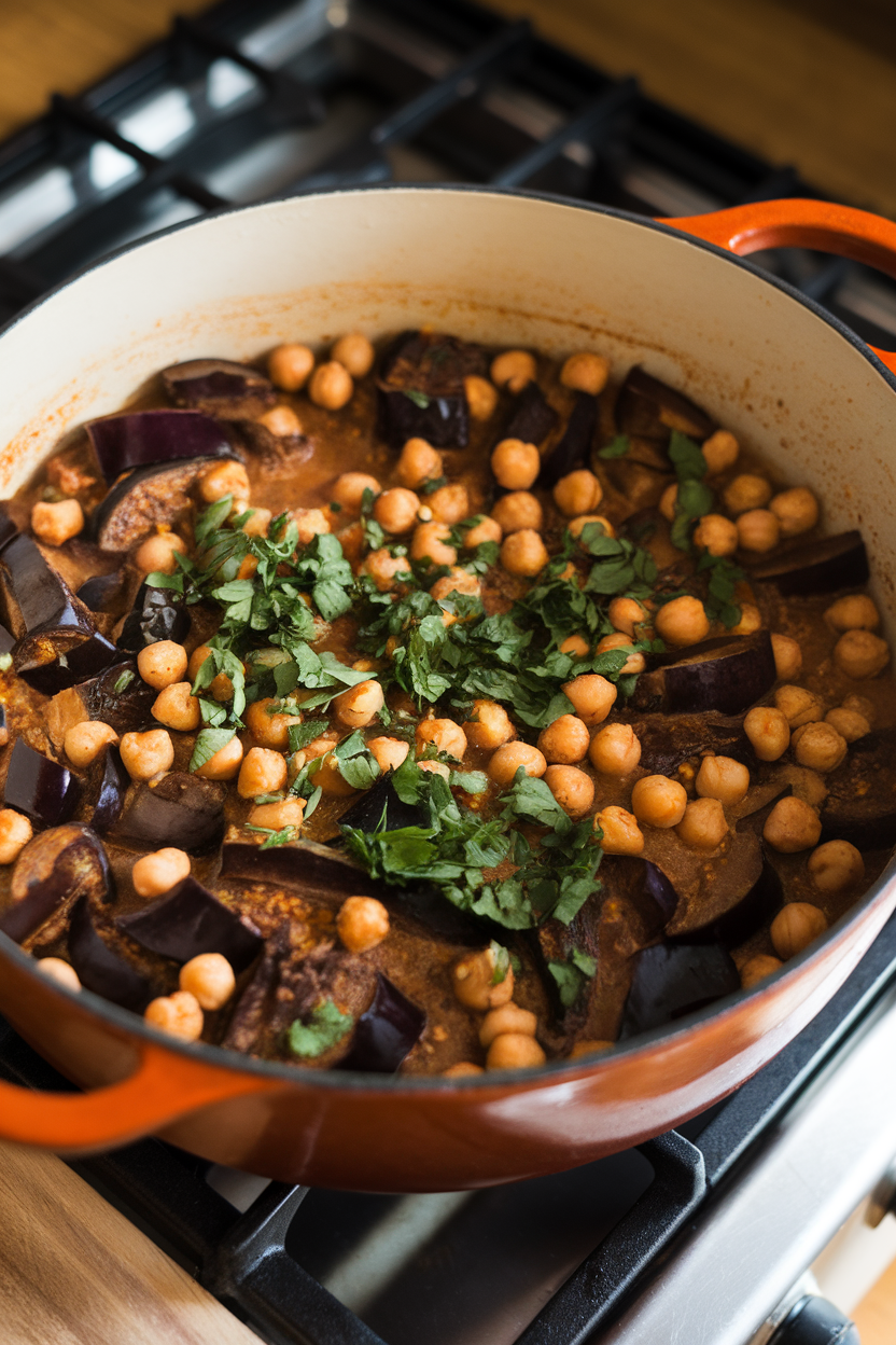 An indoor stovetop showing a Dutch oven filled with a richly spiced chickpea and eggplant stew, garnished with chopped parsley. No text or logos. Photo.