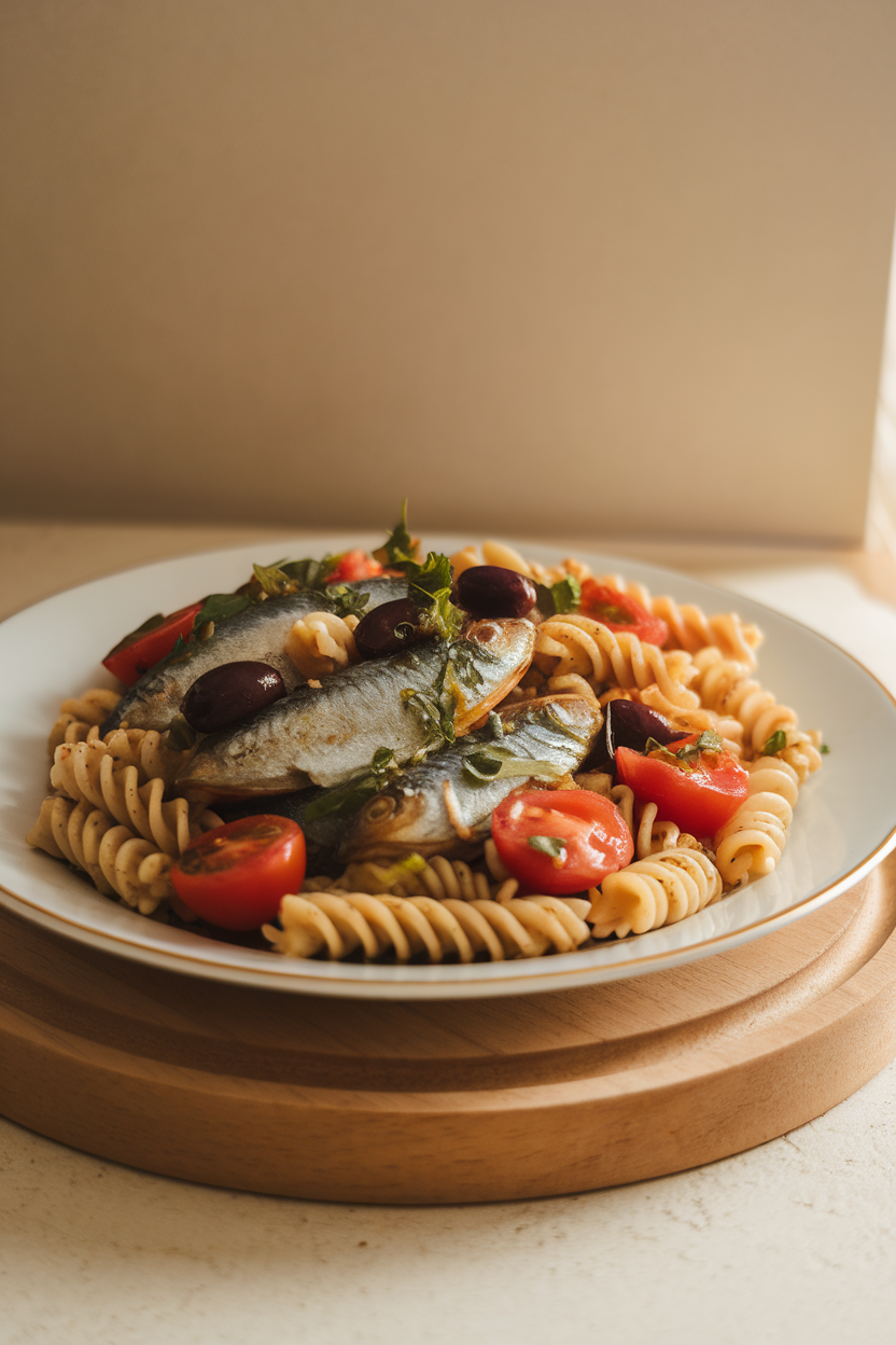 Indoor photo of whole-wheat fusilli tossed with cooked sardines, cherry tomatoes, olives, and parsley, lightly dressed in olive oil. Soft indoor light, no text or logos.
