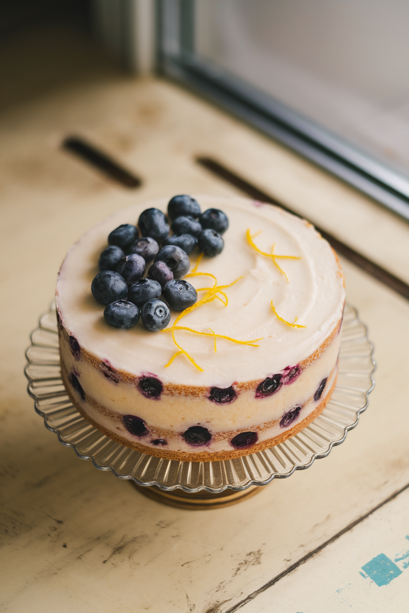 Indoor cake stand displaying single-layer almond flour cake dotted with blueberries and lemon zest, photographed from slightly above. No text or logos.