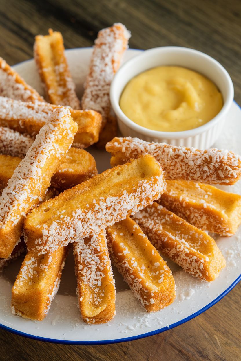 A platter indoors with golden French toast sticks coated in shredded coconut, small bowl of pineapple dipping sauce beside them, no text or logos.