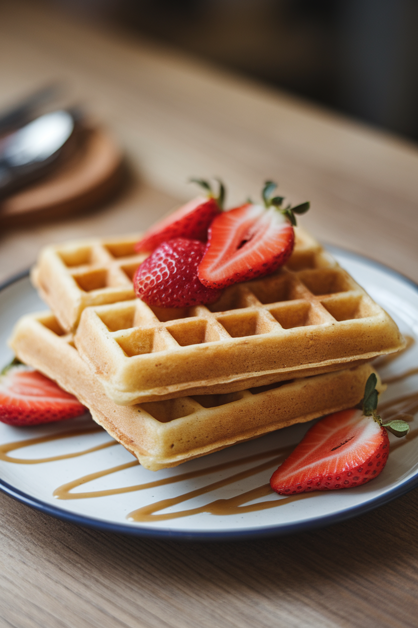 Indoor photo of two spelt waffles stacked on a plate with sliced strawberries and a light dusting of powdered coconut sugar, no text or logos.