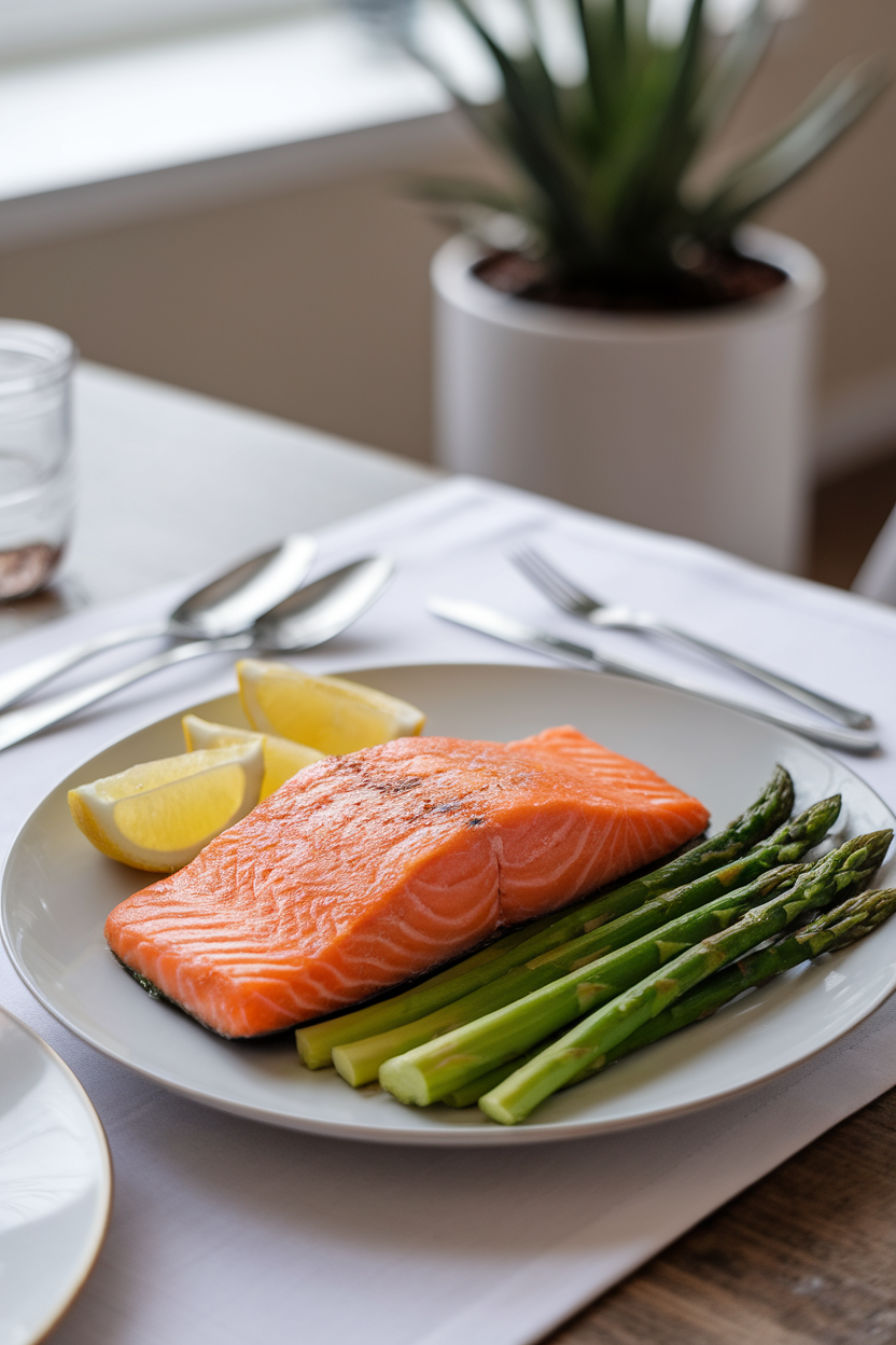 An indoor dining table featuring a perfectly cooked salmon fillet with lemon wedges and steamed asparagus, no raw fish, no text or logos.