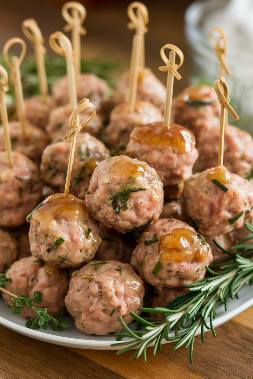 Indoor platter showing turkey meatballs on tiny skewers brushed with glossy honey-garlic glaze—photo, no text or logos.