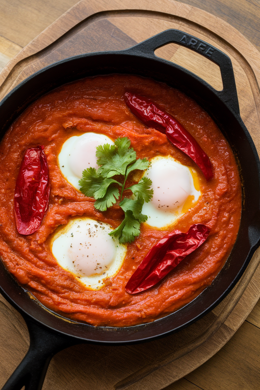 A cast-iron skillet indoors with a tomato and roasted red pepper sauce holding poached eggs, sprinkled with cilantro, no text or logos.