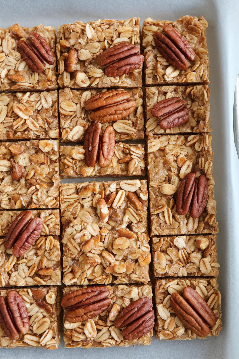 Photo of an indoor tray of chewy granola bars cut into rectangles, pecan halves visible on top, parchment underneath. No text or logos visible.