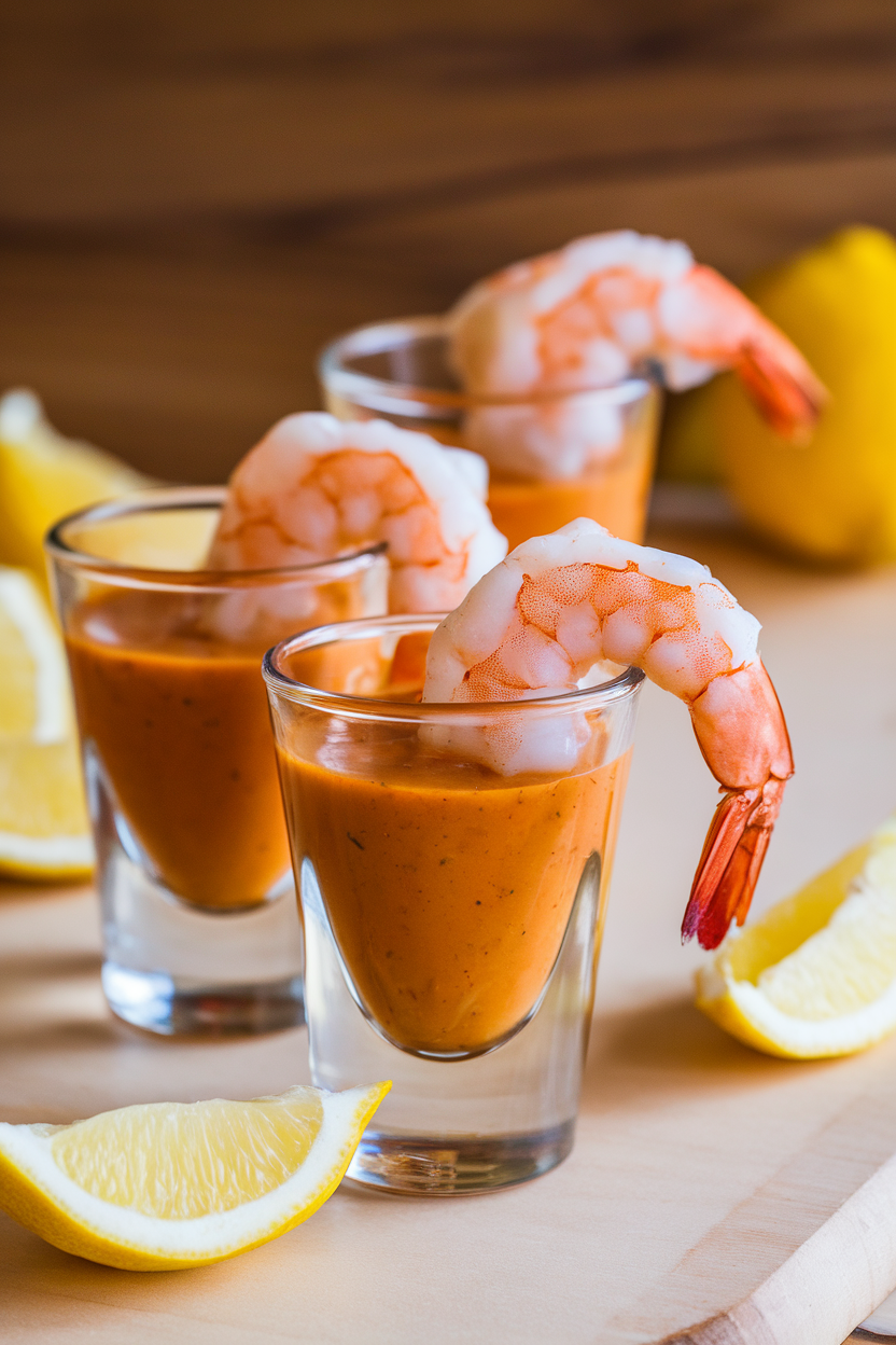 Indoor photo of clear shot glasses filled with zesty cocktail sauce and a single cooked shrimp hanging over each rim, lemon wedges nearby. No text or logos.