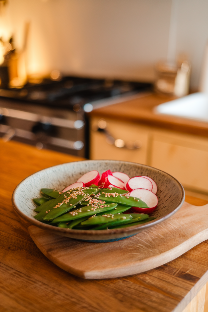 An indoor kitchen island with a shallow bowl of sliced snow peas and radishes sprinkled with toasted sesame seeds. No logos or text. Photo.