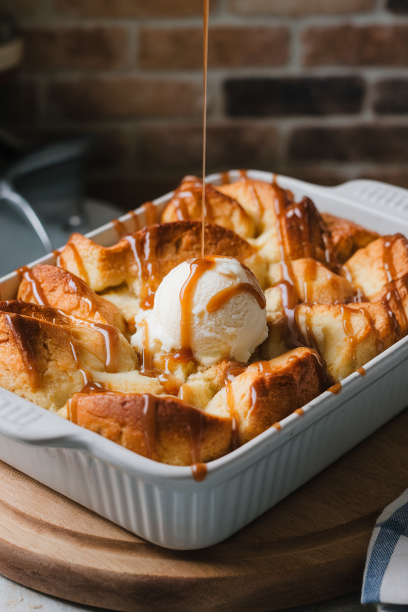 Photo of warm bread pudding drizzled with salted caramel sauce in a baking dish indoors, no text or logos.