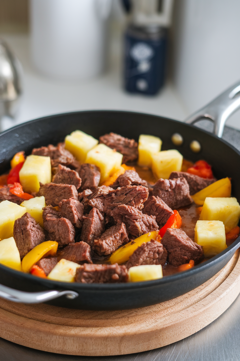 Indoor skillet featuring chunks of pineapple, bell pepper, and browned beef in a light glaze—no text or logos.