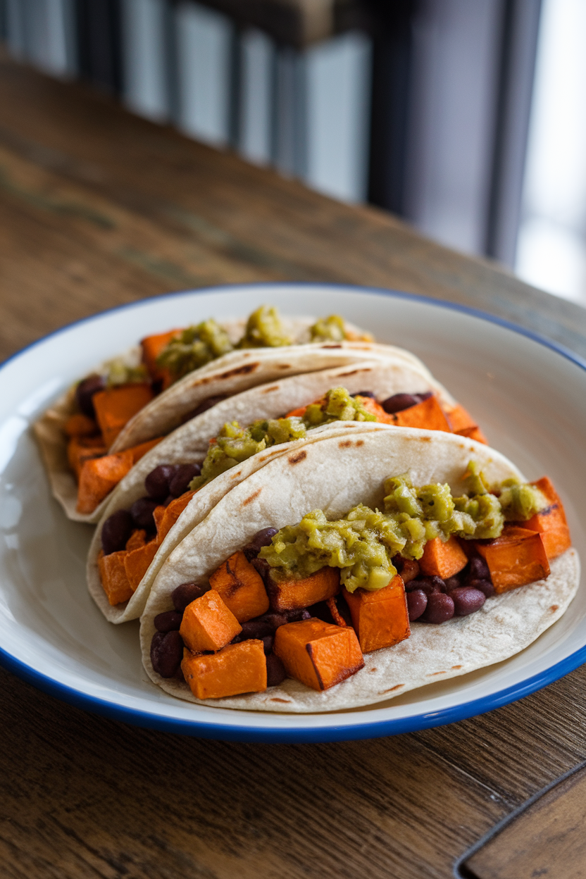 Soft corn tortillas on a wooden table indoors, filled with roasted sweet potato cubes and black beans, topped with salsa verde, no text or logos